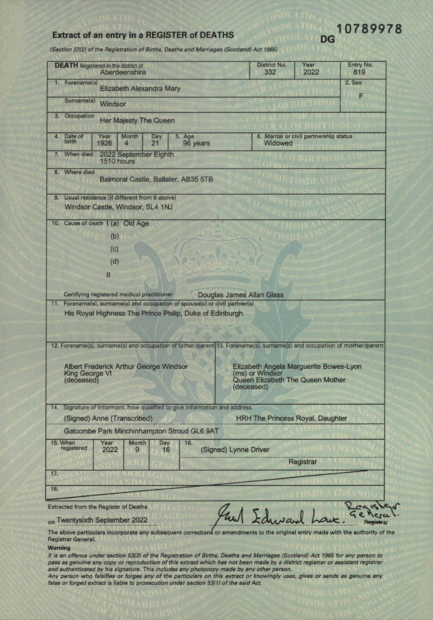 Scanned image of Queen's full death certificate