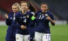 Rachel Corsie and Abigail Harrison of Scotland celebrate at full-time against Austria.