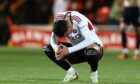 Aberdeen striker Bojan Miovski looks dejected during the 4-0 loss to Dundee United.