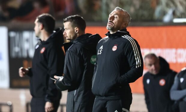 Aberdeen assistant manager Lee Sharp during the 4-0 loss to Dundee United.