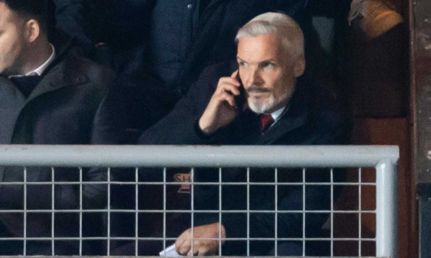 Aberdeen manager Jim Goodwin in the stands at Tannadice. Image: Stephen Dobson/ProSports/Shutterstock (13449053ci)