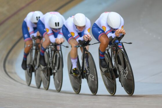 Neah Evans, Katie Archibald, Josie Knight and Anna Morris of Great Britain in action in the team pursuit. Photo by Alex Broadway/SWpix.com/Shutterstock (13462763n)