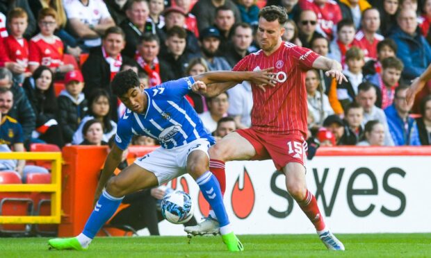 Kilmarnock's Ben Chrisene and Marley Watkins in action at Pittodrie. Image: SNS.