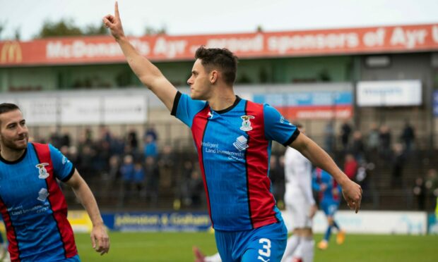 Cammy Harper (right) celebrates his goal against Ayr United earlier this season. Image: SNS.