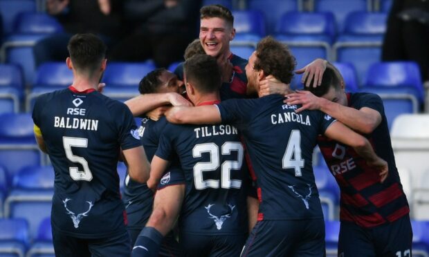 Ross Callachan celebrates scoring for Ross County against Dundee United.