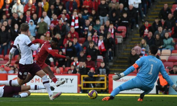 Duk opened the scoring against Hearts at Pittodrie in October. Image: SNS