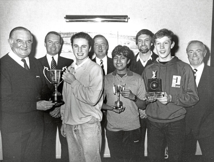 1992 - Aberdeenshire Cricket Club's junior award winners receive their prizes from former England players Tom Graveney and Peter Willy.