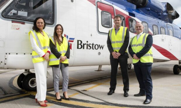l-r Linda Tames, Air BP, Yasmin McCulloch, BP North Sea, Russell Gould, Bristow and Jon Matthews, AGS Airports, mark the first delivery of SAF. Image: AGS Airports