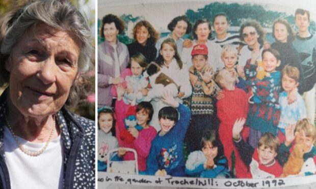 Clare, now 80, with the Bosnian refugees she and her husband took into their home at Trochelhill, Fochabers, in October 1992.
