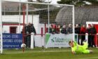 Brora Rangers goalkeeper Ruardhri Nicol is unable to stop Brechin City's Fraser MacLeod shot fly into the net. Images: Donald Cameron/SportPix