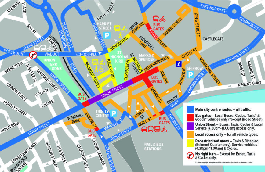 A map of the planned experimental roads changes in the city centre. They are to be put in place before the public is consulted. Image: Aberdeen City Council.