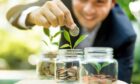 man in suit puts money in glass jar with young plant