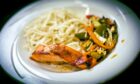 Plate of salmon and pasta.