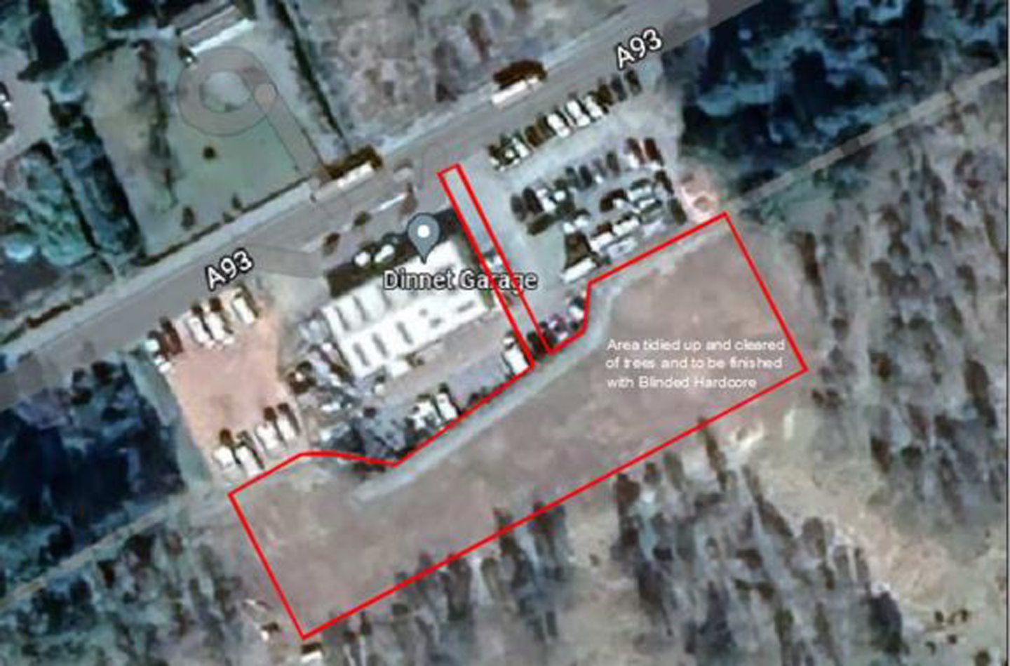 An aerial view of the site, with a red line indicating how the path would look