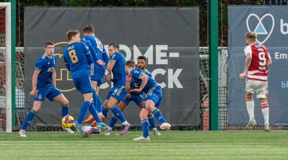 Andy Ryan fires in a deflected indirect free-kick to level for Hamilton Accies against Cove Rangers. Image: Russel Hutcheson/Sportpix