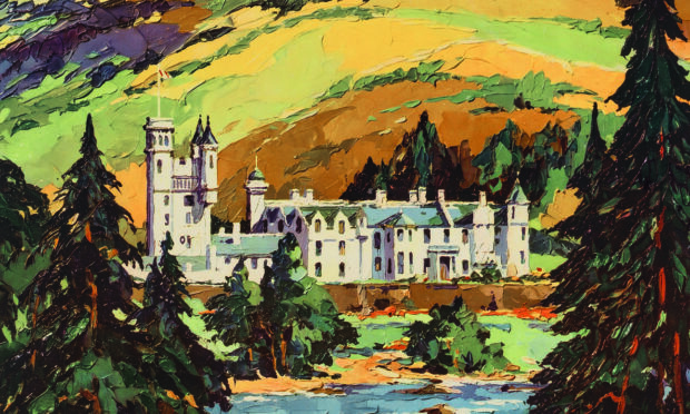 Kenneth Steel designed the poster which features a painting of Balmoral Castle. Image: Lyon and Turnbull.