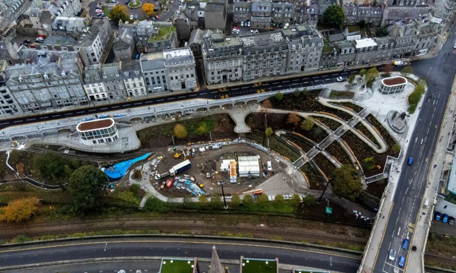 Union Terrace Gardens from the sky showing construction under way in October 2022. 