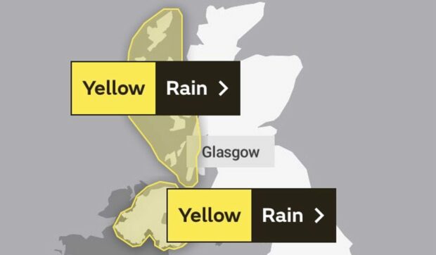 Met office map of yellow weather flood warning for West coast and Hebrides. Picture shows yellow circles around the affected areas