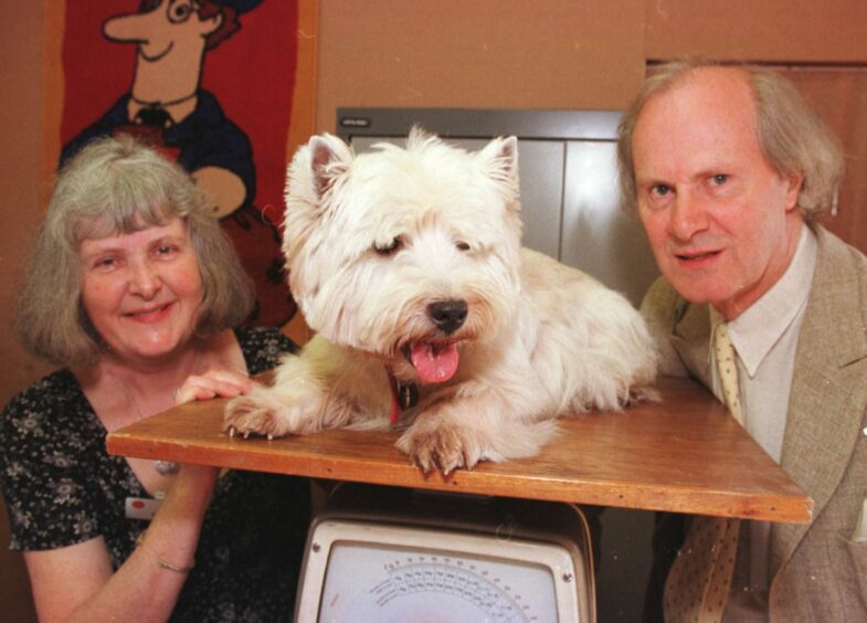 An elderly woman and man posing with a West Highland terrier