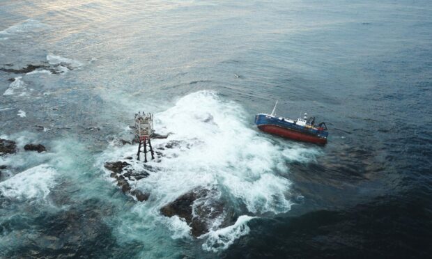 Four fishermen were rescued after the BA55 Ocean Maid run aground near Cairnbulg. Image: Aberdeenshire Aerial Photography.
