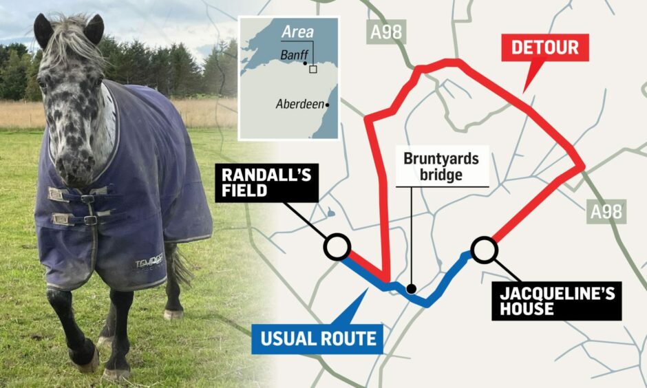 A map of the diversion Jacqueline had to take to reach Randall due to the Bruntyards bridge being out of action. Image: Jacqueline Fraser/Roddie Reid/DC Thomson