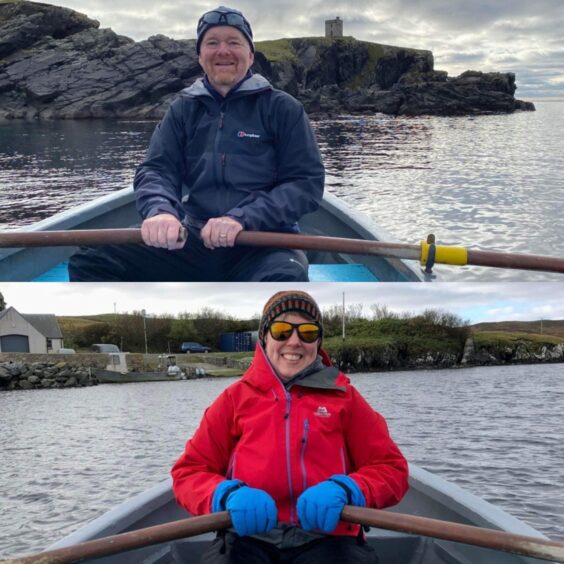 Ryan and Sara Leith rowing in their boat they use to find the Shetland orcas