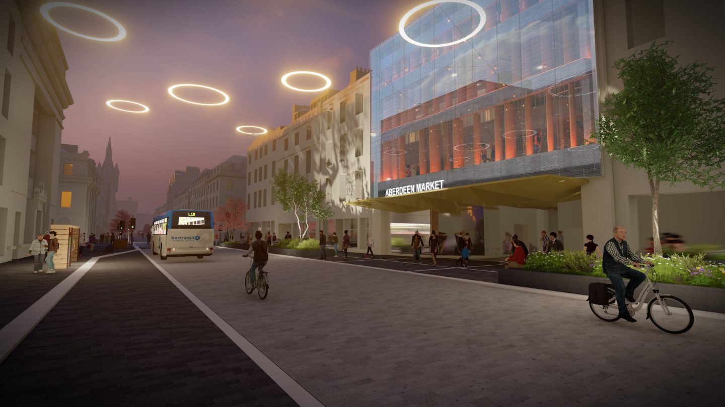 Halo lights, similar to those in Union Terrace Gardens, are shown on the new images outside the planned £50m new market development in the central stretch of Union Street. Image: Aberdeen City Council.