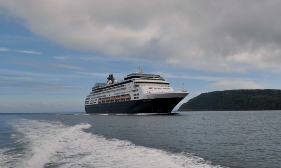 Vasco da Gama cruise ship arriving at Port of Cromarty Firth.
