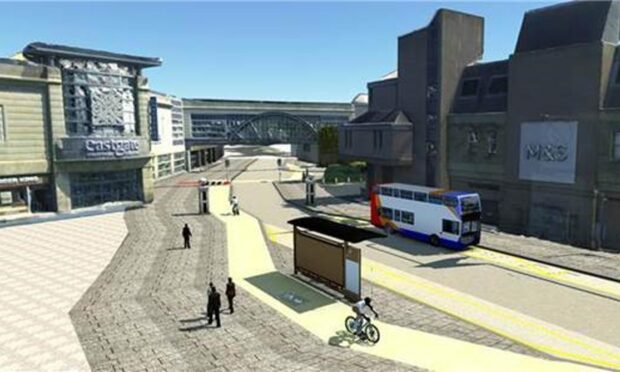 Artist impression of cycle route through Falcon Square. Image: Highland Council.