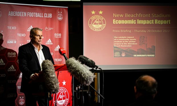 Aberdeen FC chairman Dave Cormack held a press conference at Pittodrie on Thursday to unveil a report predicting a £1bn boost for the economy if the new beach stadium is built. Image: Wullie Marr/DC Thomson.