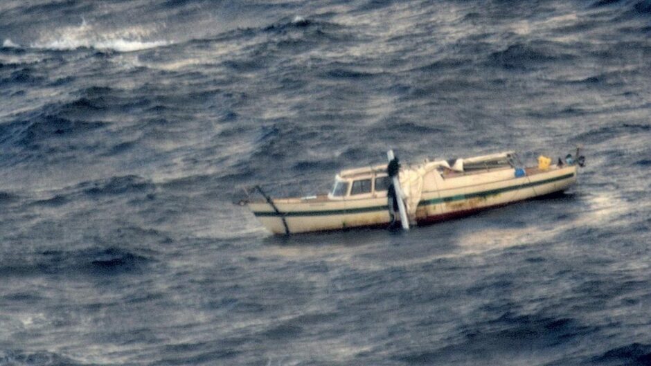 The stricken yacht, BBC TV Critical Incident programme highlighted the rescue by the RAF in rough seas in the mid Atlatic. An Atlas A400 m and a Poseidon raced to the scene.