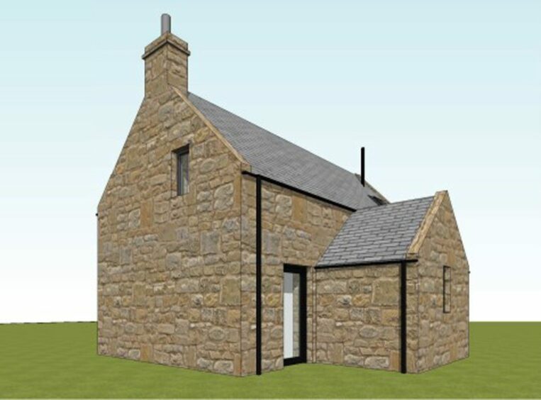 A drawing of the planned conversion to the Millie Bothy. It shows the building has been revamped using existing stones and a slate roof.