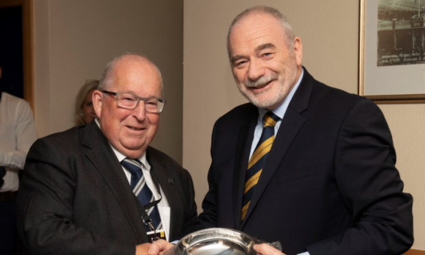 Rod Houston, left, receives his award from Scottish FA president Rod Petrie