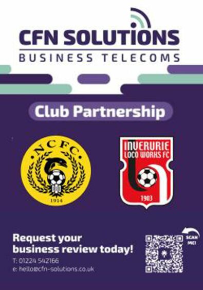 Logos of Inverurie Locos and Nairn County with CFN Solutions.