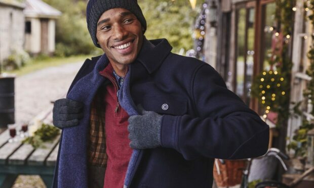 Campbell Four Pocket Jacket in Navy, £110; Braunton Half Neck in Red, £49.50; Jacob Colour Block Scarf, £29.50; Beanie, £19.50; Touch Screen Gloves, £16, FatFace.