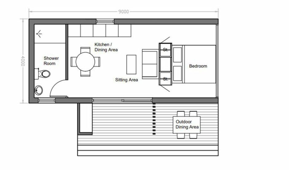 One bedroom pod floor plan.