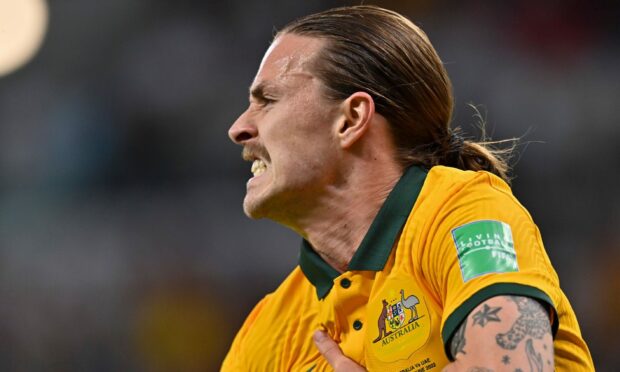 Jackson Irvine celebrates giving Australia the lead against United Arab Emirates in June 2022. Mandatory Credit: Photo by NOUSHAD THEKKAYIL/EPA-EFE/Shutterstock (12976111aw)