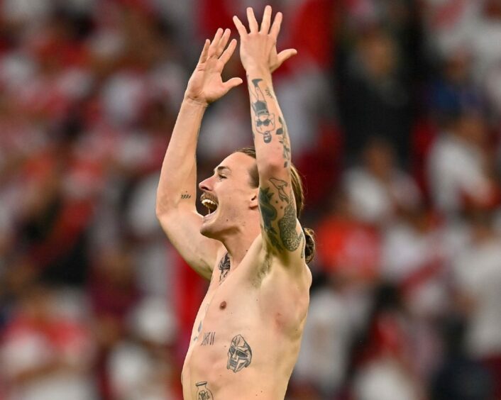 Jackson Irvine after Australia sealed qualification for the World Cup against Peru. Mandatory Credit: Photo by Noushad Thekkayil/EPA-EFE/Shutterstock (12984933h)