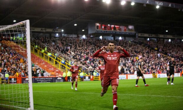 Aberdeen's Bojan Miovski celebrates scoring in the 1-0 defeat of Dundee United before the winter break.