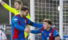 Nathan Shaw, right, celebrates with George Oakley after putting ICT 1-0 ahead against Arbroath. Images: Roddy Scott/SNS Group