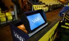 A VAR screen in use during the Livingston and Aberdeen match. Image: SNS.