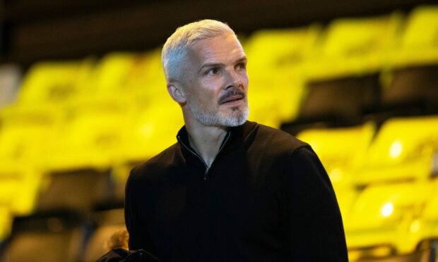 Aberdeen manager Jim Goodwin during the cinch Premiership match between Livingston and Aberdeen at the Tony Macaroni Arena on Tuesday. Image: SNS