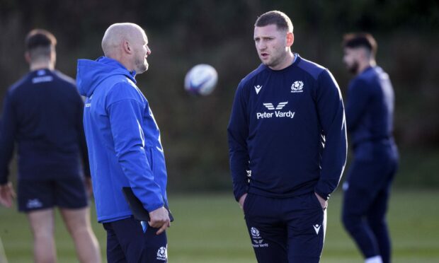 Scotland head coach Gregor Townsend, left, with Finn Russell. Image: SNS