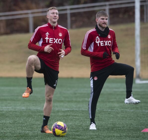 Ross McCrorie and Hayden Coulson during the Aberdeen training session at the Children's Healthcare of Atlanta Training Ground, on November 15, 2022, in Atlanta, USA. Images: Craig Foy/SNS
