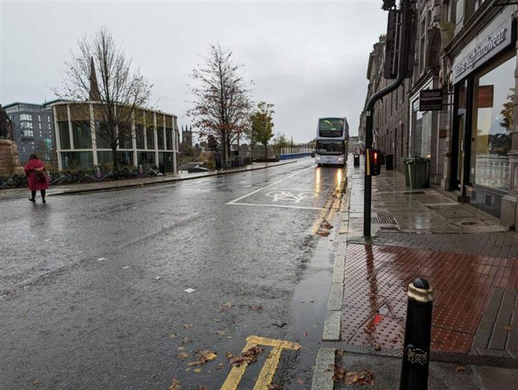 Soon, private vehicles will be unable to turn right out of Union Terrace into Rosemount Viaduct. It is part of experimental road changes being rolled out without public consultation in Aberdeen. Image: Alastair Gossip/DC Thomson.