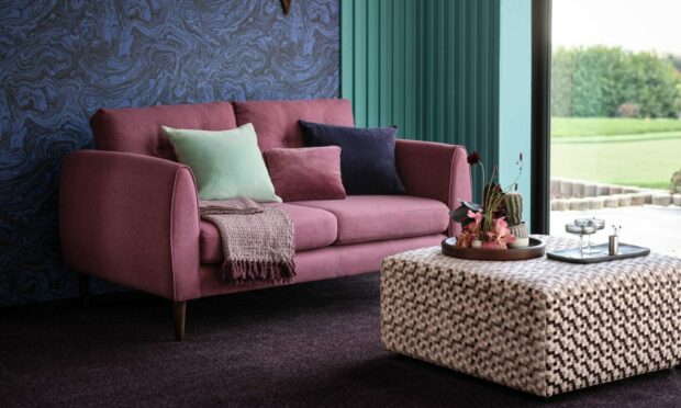 Finchley two-seater in Drift Plum All Over, £899 and Footstool in Titan Apollo Stone, £499, Sofology.