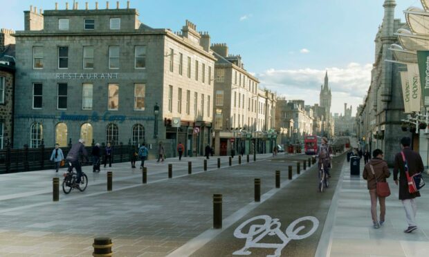 A visualisation showing what Union Street could look like with segregated cycle tracks. Image: Aberdeen Cycle Forum/Cycling UK.