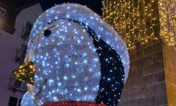 Oban's newest recruit 'Pingu' has been switched on at the town's annual Christmas lights ceremony. Image: BID4Oban/ Andrew Spence.