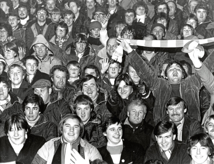 1981 - Jubilant Dons fans in the King Street End as Aberdeen beat Hamburg 3-2 in the UEFA Cup