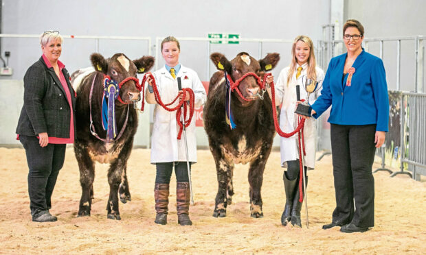 Holding the best pair of cattle in the show – Shorthorn heifers from Richard and Carol Rettie – are Ruby Simpson, left, and Payton Edgar. Pictures: Steve Brown